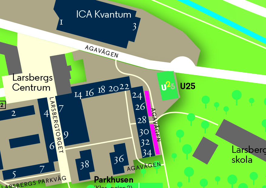 Grafisk karta över närområdet runt U25 med rosa färgmarkeringar vid de ytor där nya hyresgäster enklast kan parkera under inflyttningen i U25.