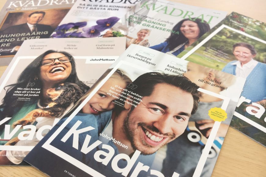 Flera olika nummer av John Mattsons kundtidning Kvadrat utspridda.