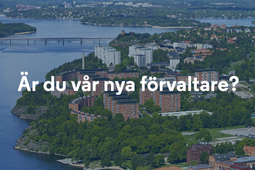 Flygbild över Larsberg på Lidingö med texten "Är du vår nya förvaltare?"