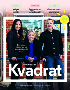 Tidningsomslag till John Mattsons kundtidning Kvadrat. Tre kvinnor poserar framför tegelfasaden till John Mattsons kontor.